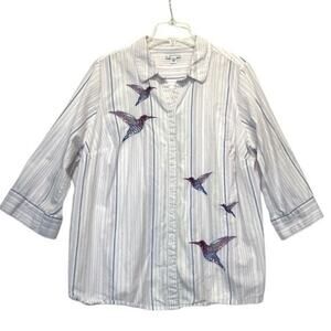 Croft & Barrow Striped Button Down Shirt Size 1X embroidered hummingbirds blouse
